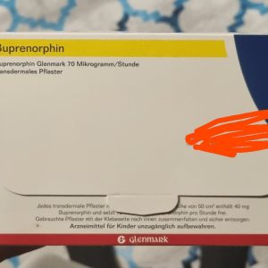 Transdermal buprenorphine patch in secure medical pouch for continuous pain relief.