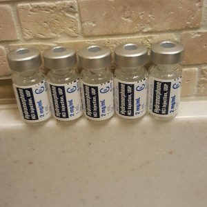 Labeled box and glass vials of authentic Dilaudid injection solution on a sterile clinical counter.