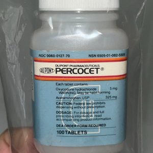 Percocet Oxycodone tablets in factory packaging for moderate and severe pain relief management.