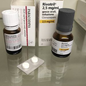 Amber glass bottle of generic Rivotril clonazepam 2.5 mg/ml oral drops with integrated dropper Canada