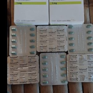 Labeled box of authentic Rohypnol flunitrazepam tablets on a clean surface.